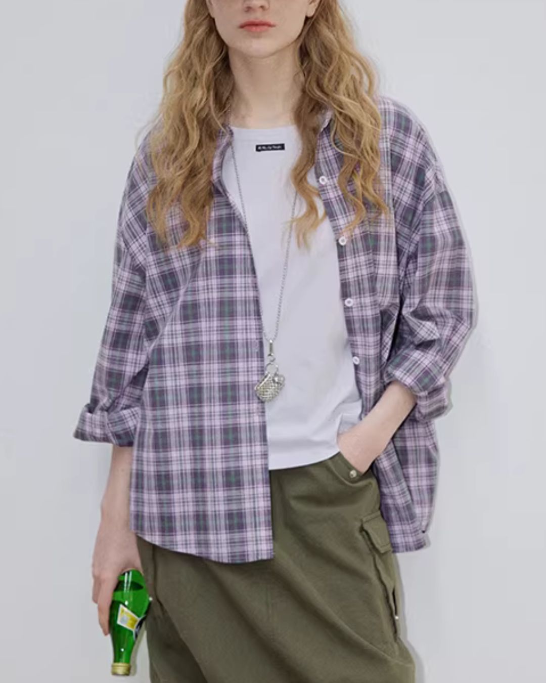 Light Purple Relaxed Check Shirt　LS069