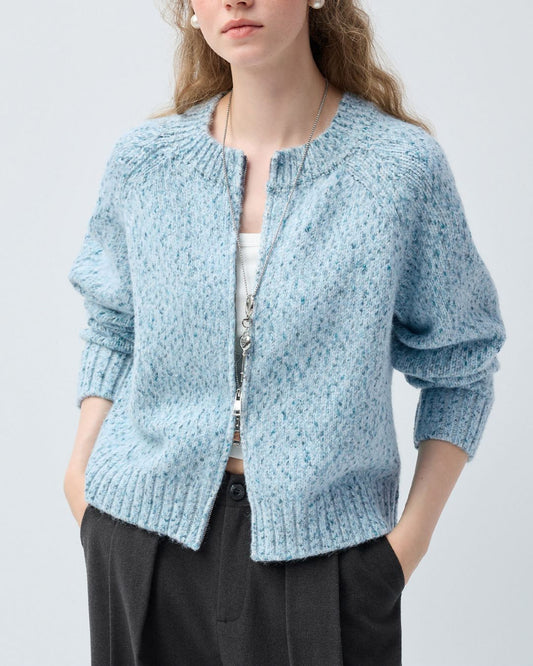 Double-zip Crew Neck Nep Knit Cardigan　KN100