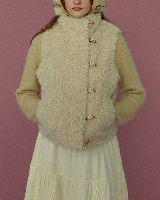 Asymmetrical Wooden Button Boa Vest　VT019