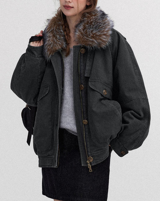 Fur Collar Padded Denim Jacket　JK058