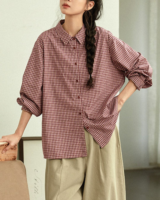 Red Cotton Checked Shirt　LS040