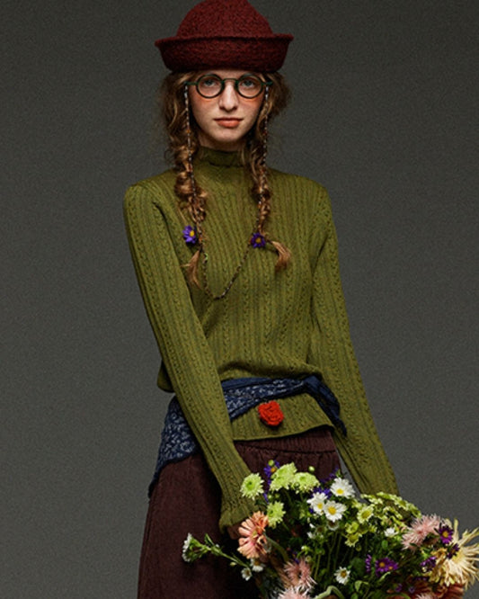 High Neck Cable Slim Fit Knit　KN070