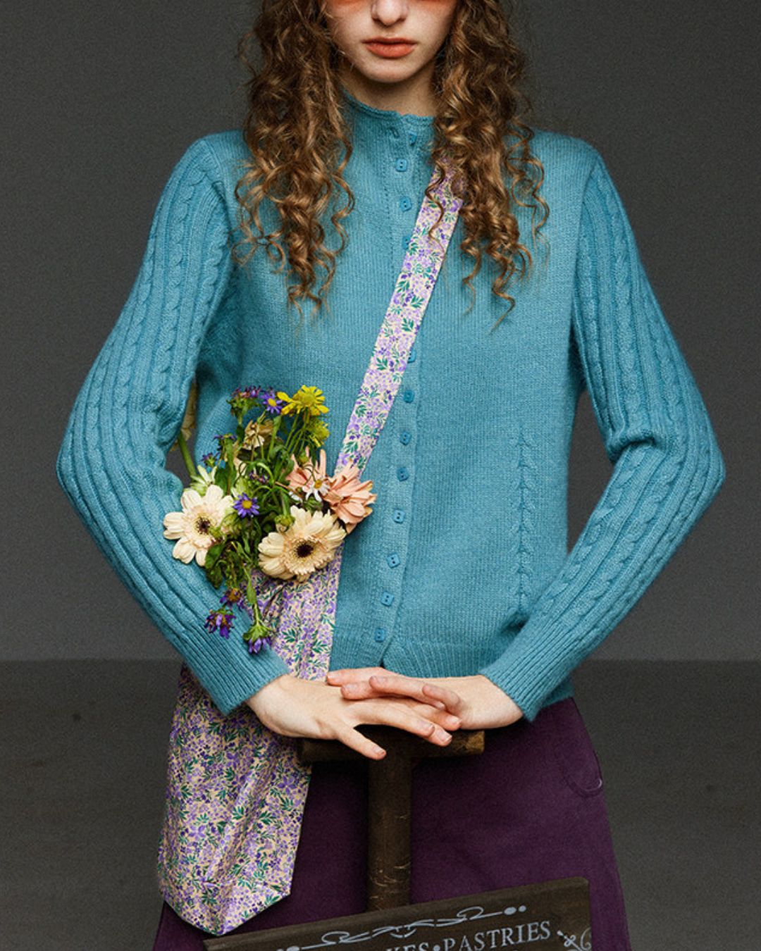 Cable Sleeve High Neck Knit Cardigan　KN104