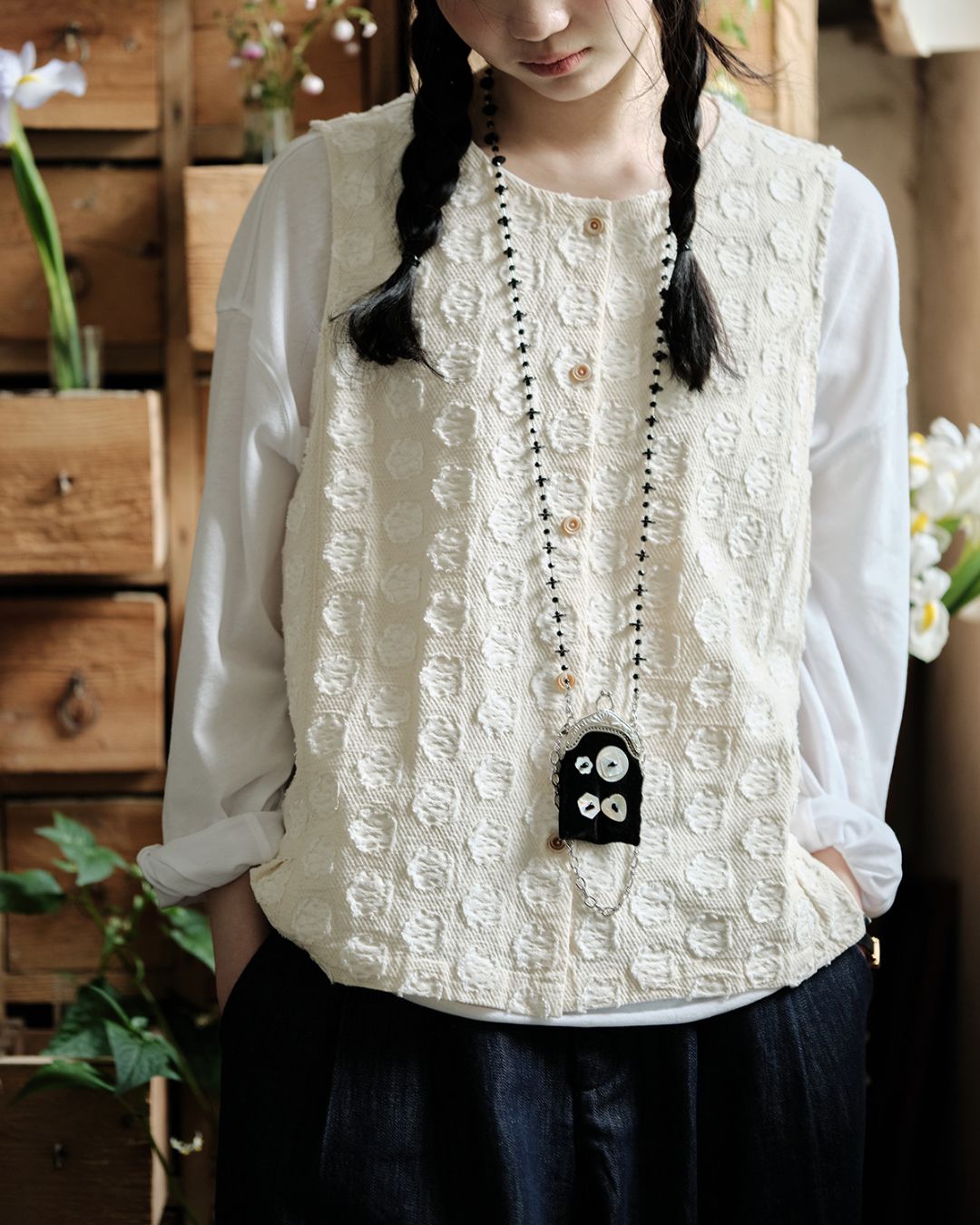 Cotton Linen Jacquard Peplum Vest　VT017