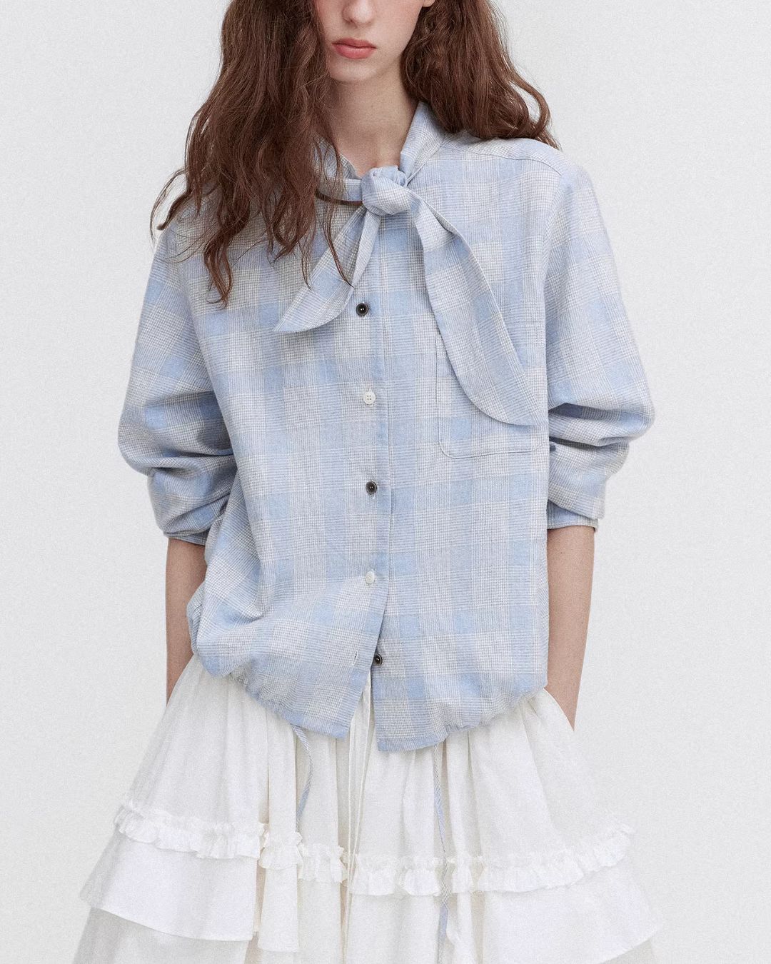 Bow Tie Ribbon Check Shirt　LS068