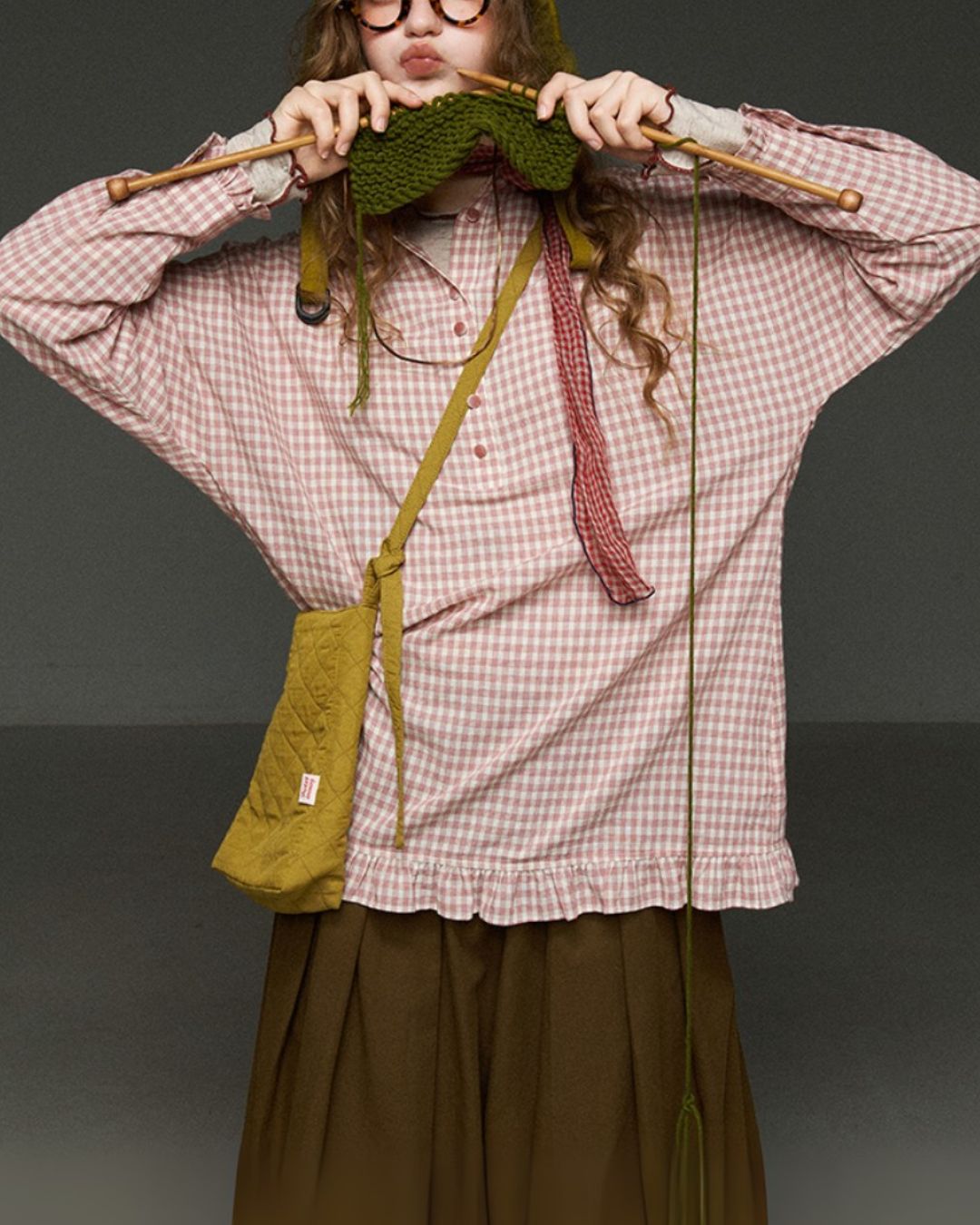 Pink Checked Ruffle Shirt　LS027