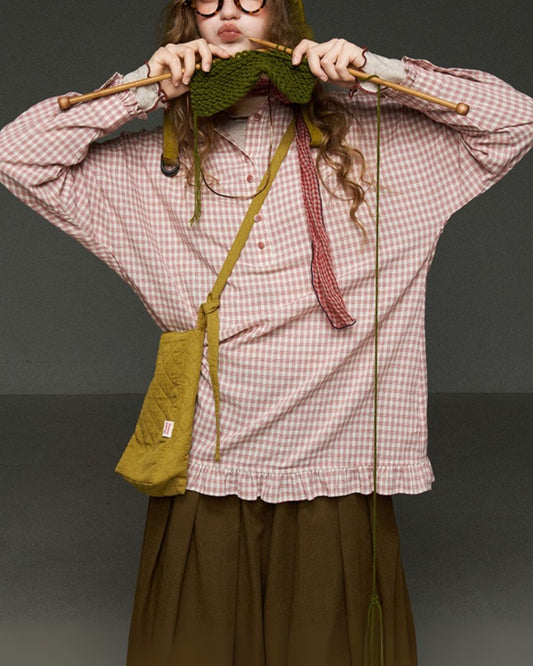 Pink Checked Ruffle Shirt　LS027