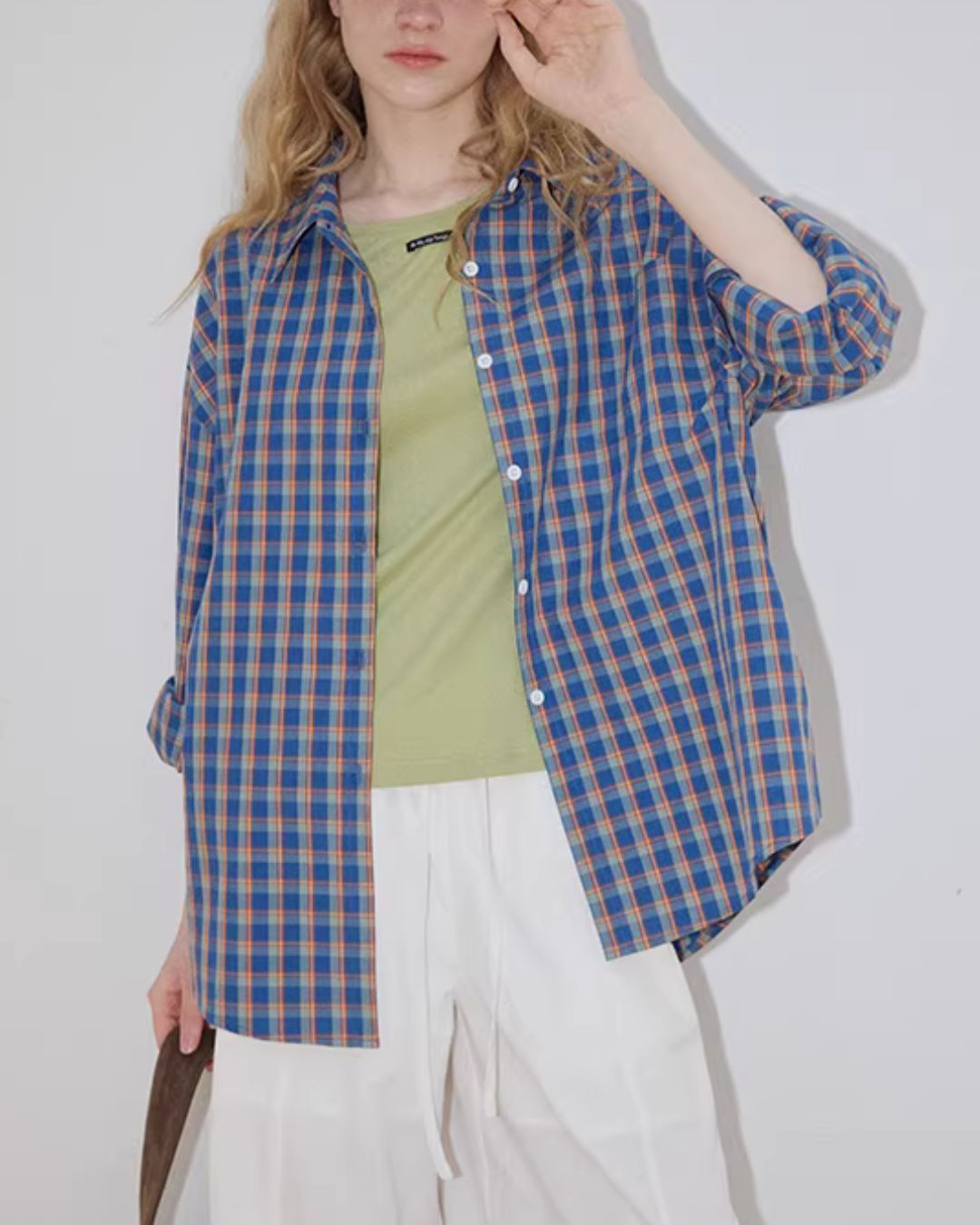 Loose Color-block Check Shirt　LS070
