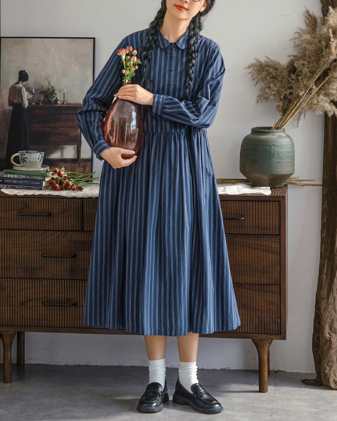 Striped Midi Shirt Dress　OP007