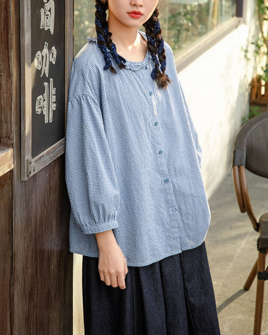 Frilled Collar Gingham Check Shirt　LS060