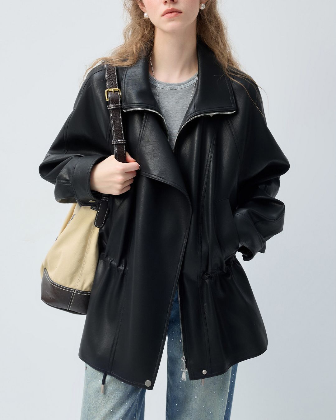 Drawstring Waist Mid-length Leather Jacket　JK086