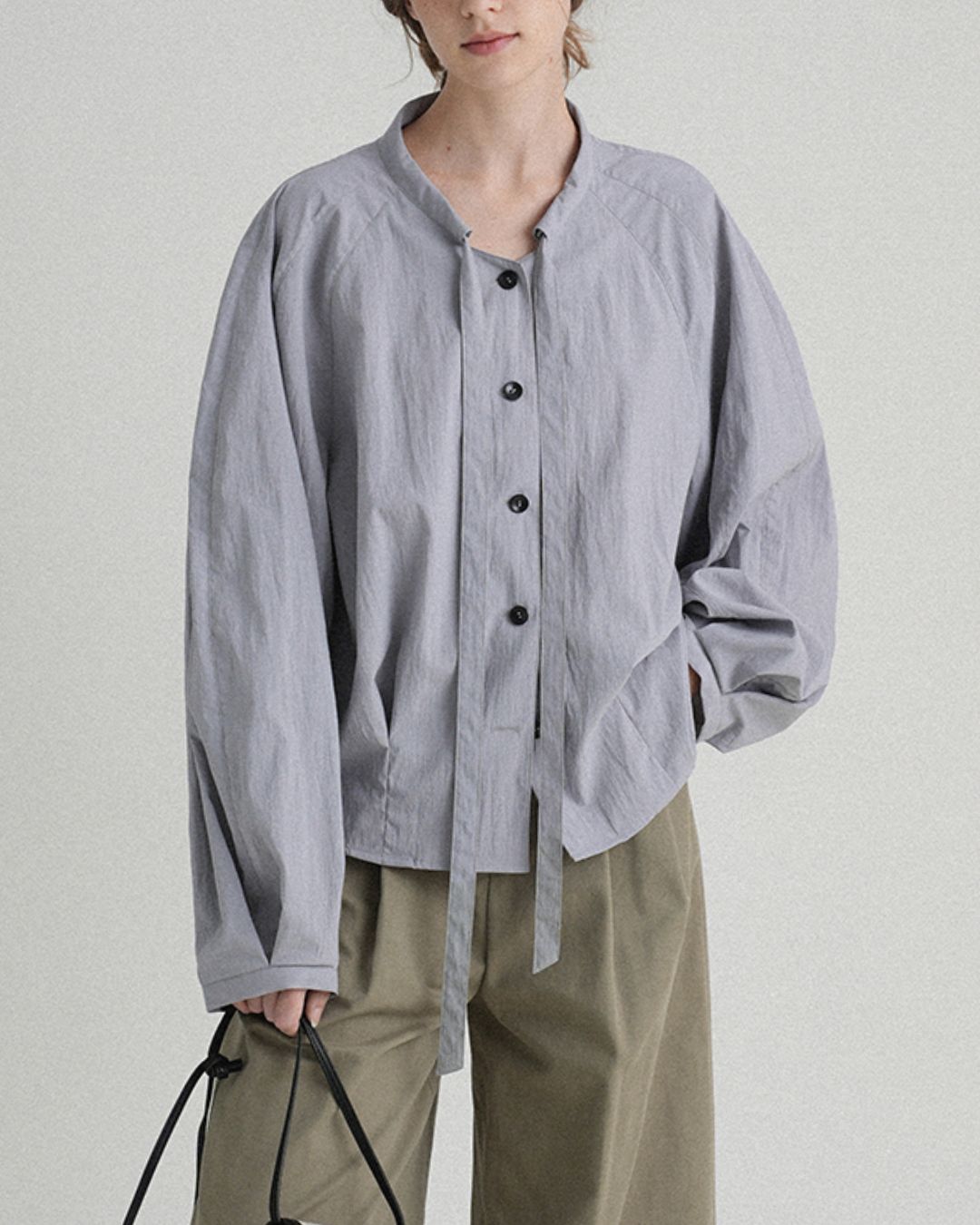 Pleated Raglan Bow Tie Shirt　LS021