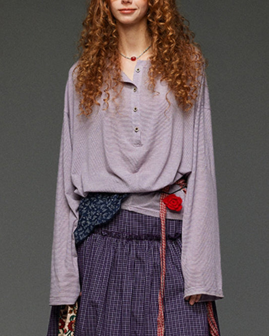 Henley Neck Loose Stripe Knit　KN035