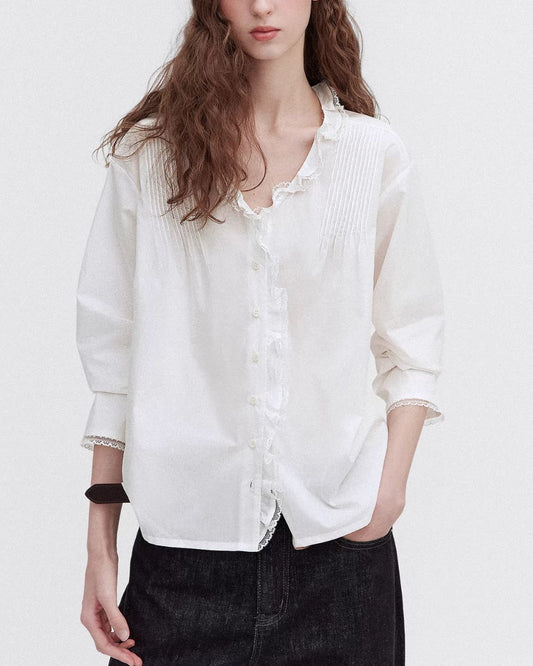 Frilled V-neck Lace Embroidered Shirt　LS067