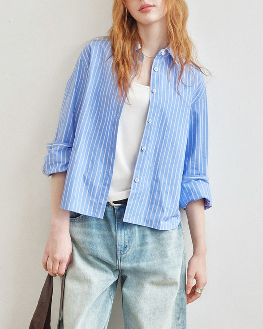 Blue Striped Cropped Shirt　LS052