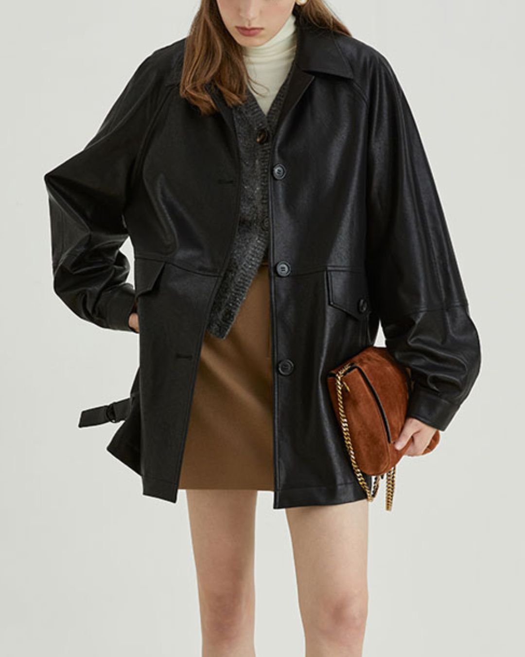 Mid-length Collared Leather Jacket　JK036