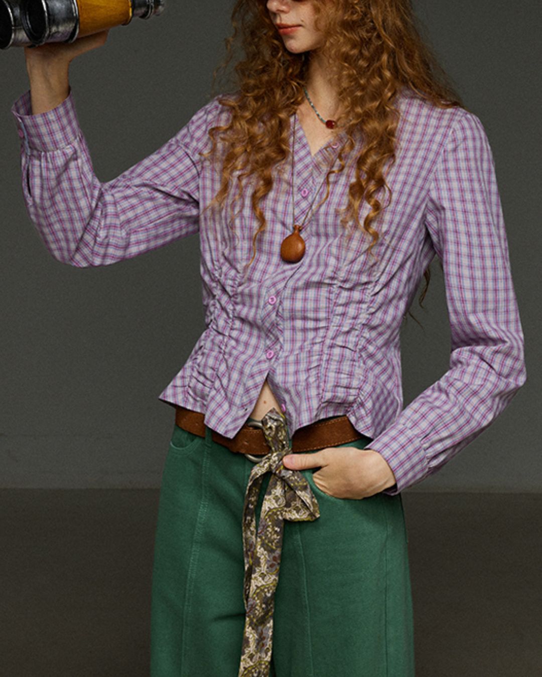 Check V-neck Shirred Shirt　LS028