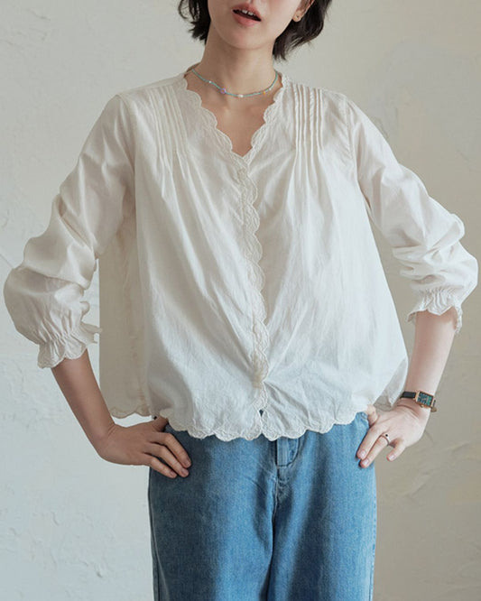 Lace Embroidered Frill V-neck Shirt　LS044