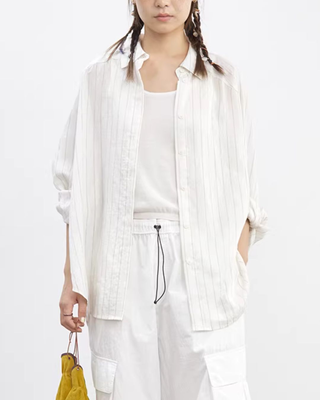 Linen Blend Oversized Striped Shirt　LS064