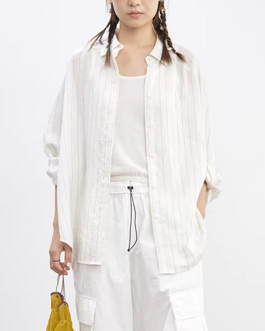Linen Blend Oversized Striped Shirt　LS064