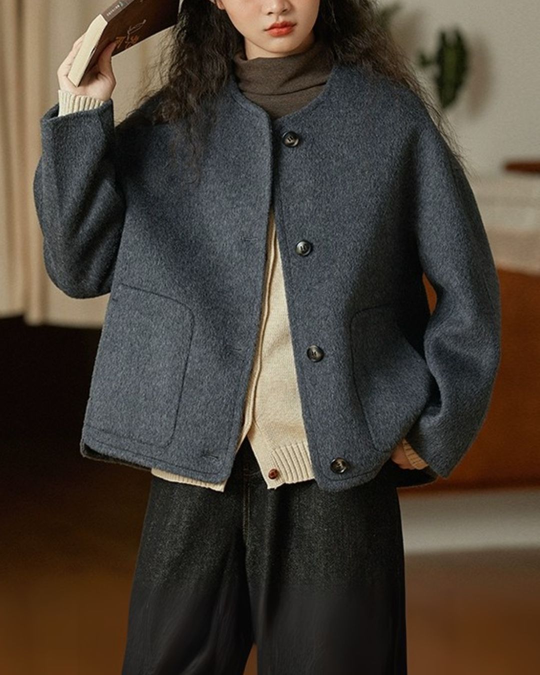 Collarless Relaxed Wool Jacket　JK033