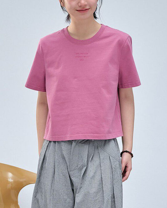 Text Embroidered Cotton Cropped T-shirt　ST002