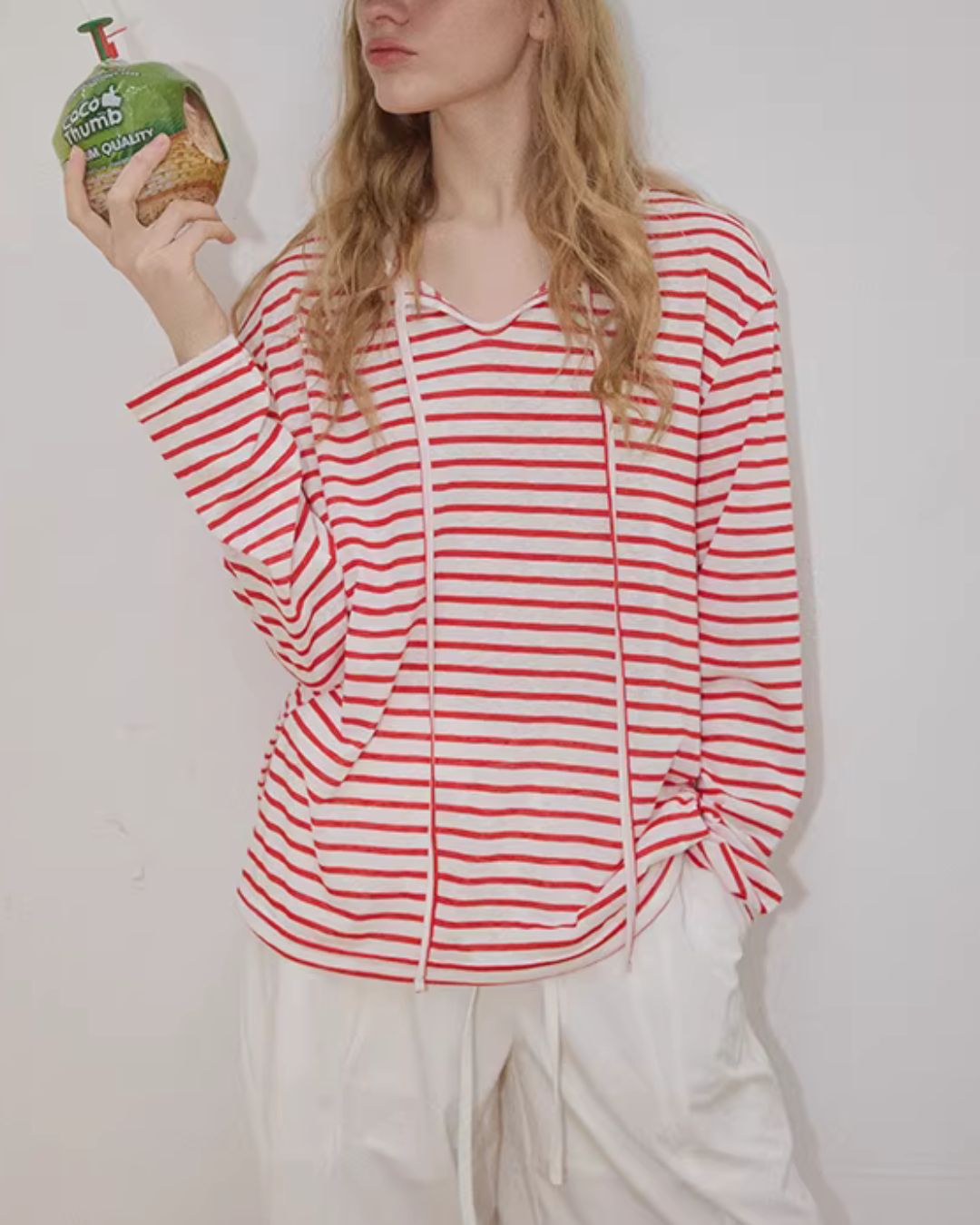 Drawstring V-neck Border T-shirt　LT027