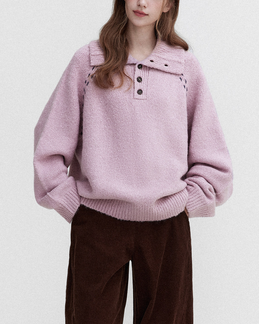 Contrast Stitch Half Open Collar Knit　KN085