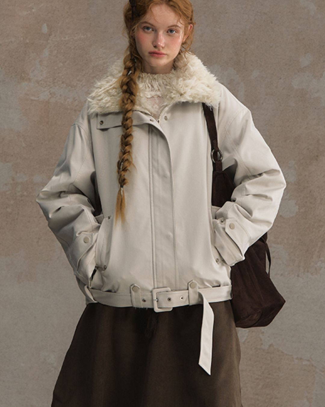 Belted Fur-lined Twill Jacket　JK064