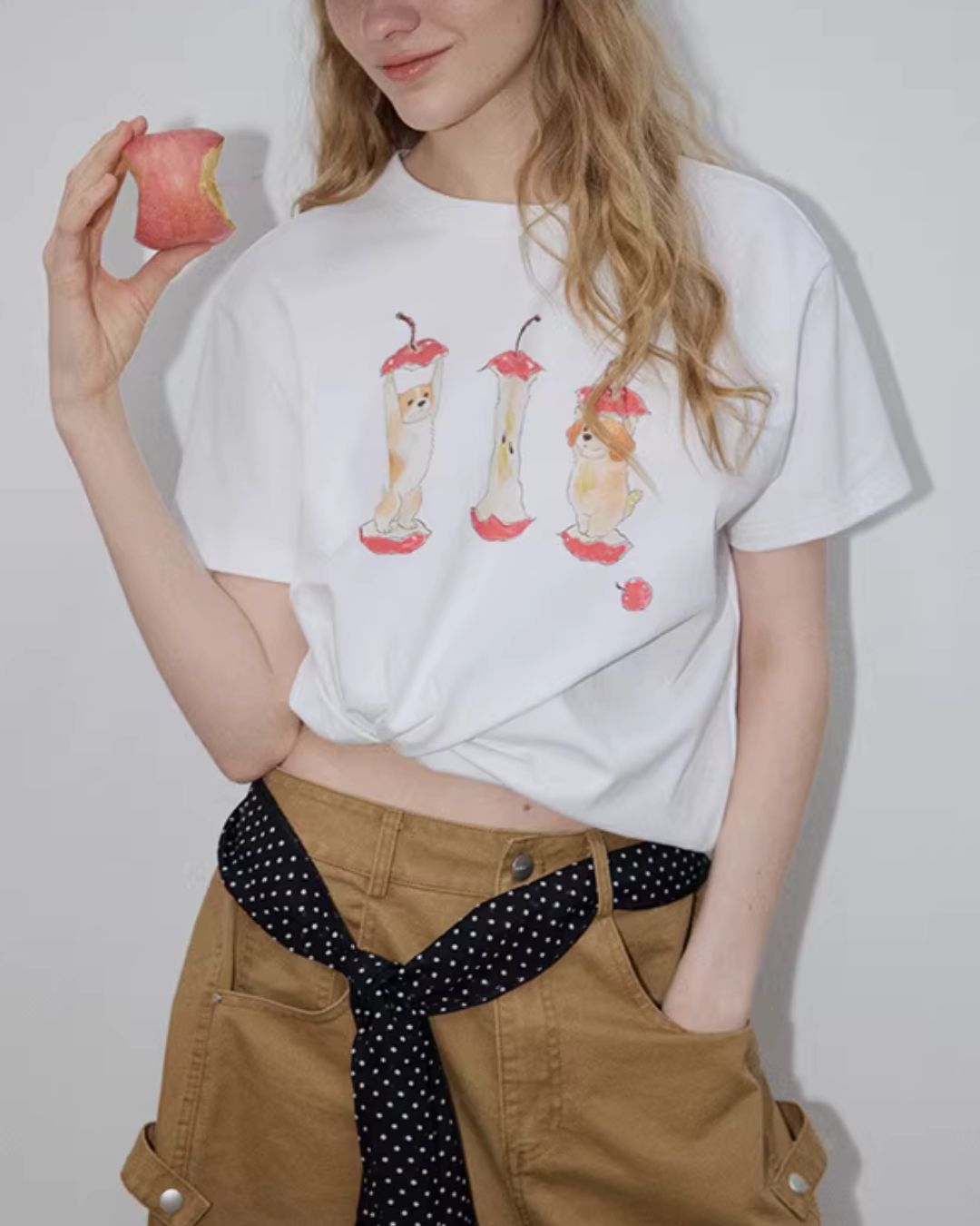 Puppy & Apple Print T-Shirt　ST006