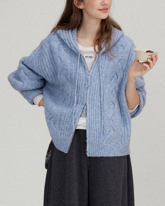 Hooded Cable Knit Cardigan　KN029