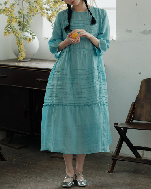 Round Neck 3/4 Sleeve Ramie Dress　OP004