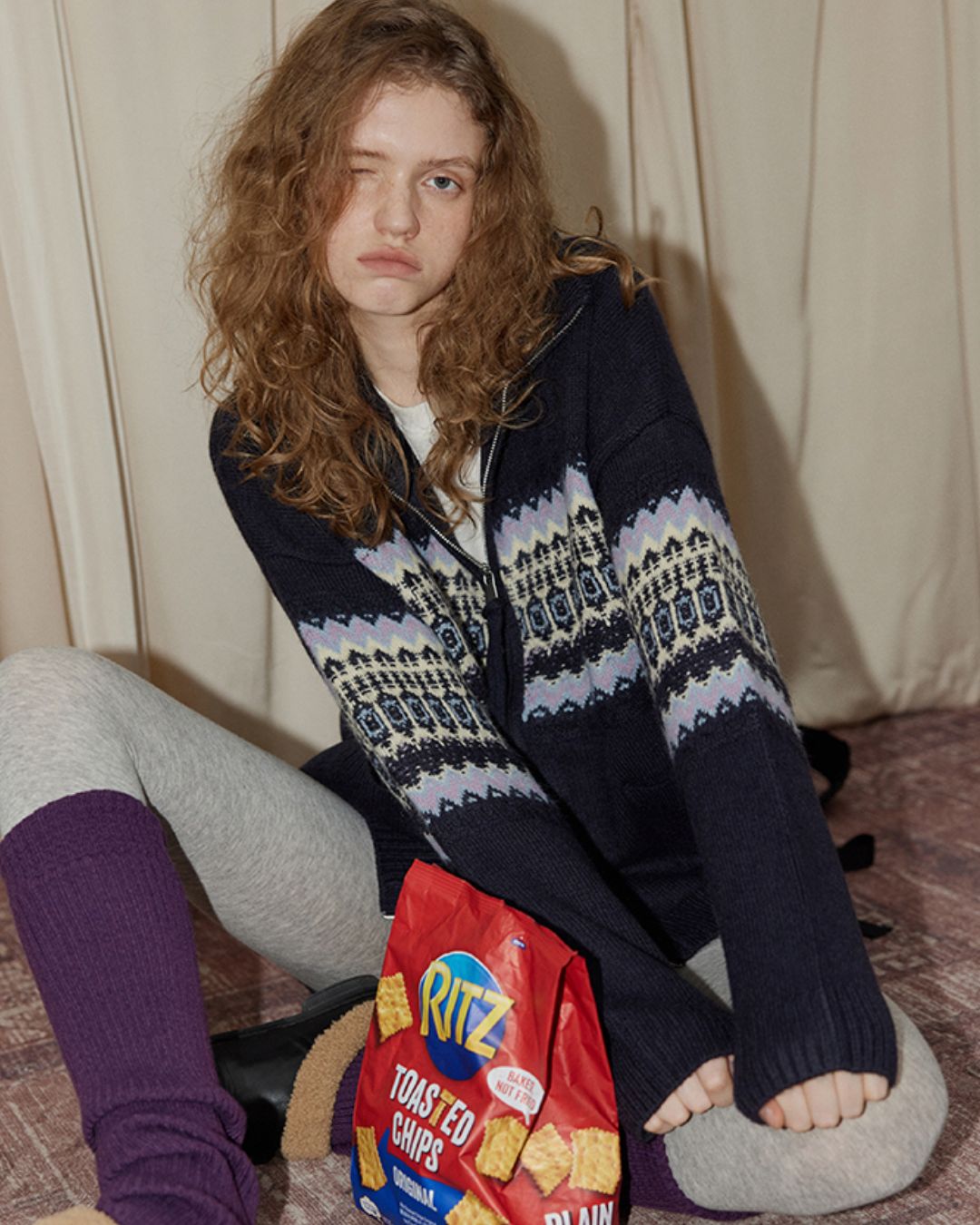 Stand-collar Fair Isle Knit Cardigan　KN049