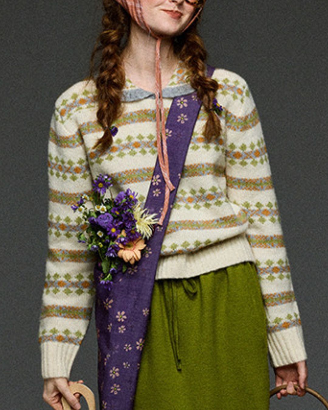 Retro Border Peter Pan Collar Jacquard Sweater　KN106
