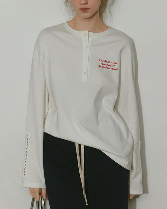 Printed Logo Sleeve Lace Henley Neck T-shirt　LT019