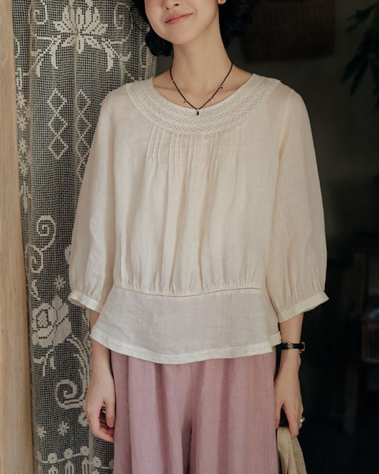Back Button Lace Round Neck Shirt　LS045