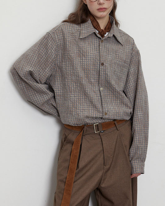Gradient Button Gray-brown Check Shirt　LS048