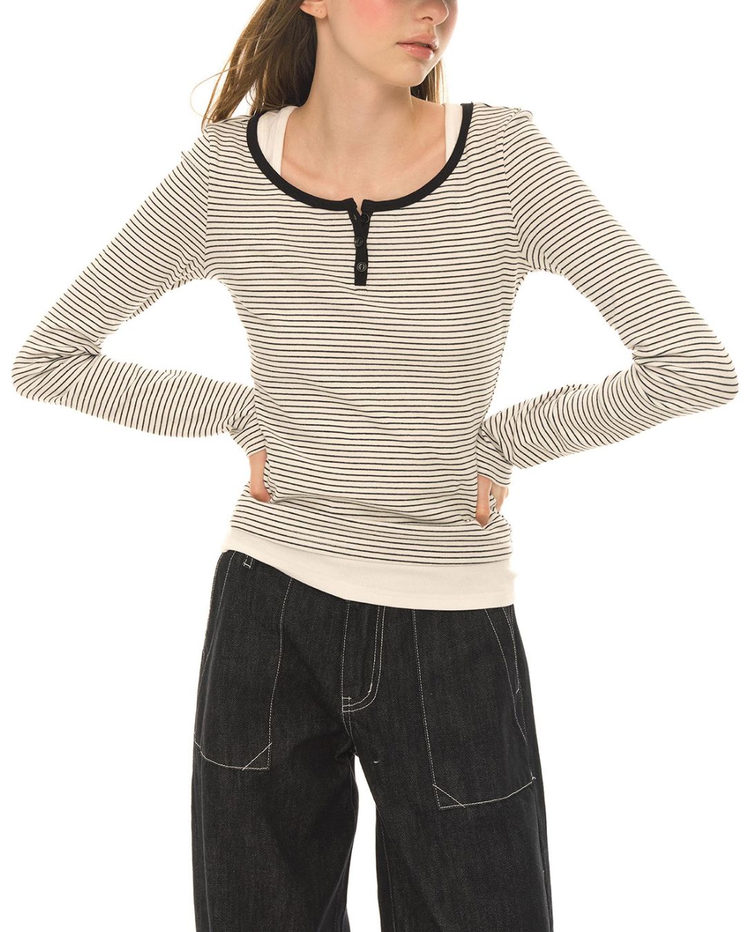 Henley Neck Border T-shirt　LT010