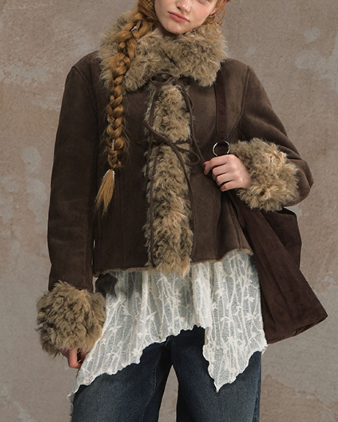 Ribbon-tied Fur Suede Jacket　JK066