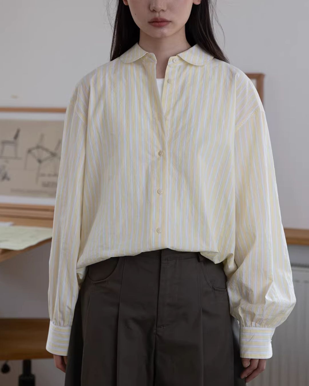 Round-collar Loose Striped Shirt　LS063