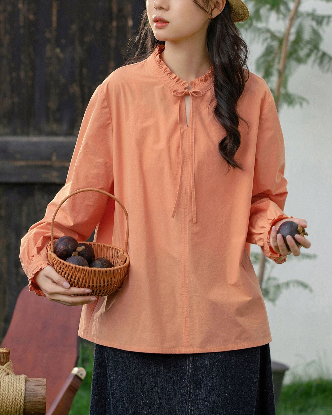 Ribbon Frill High-neck Shirt　LS056