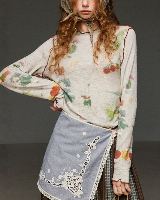 Mellow Frill Stitch Print T-shirt　LT011