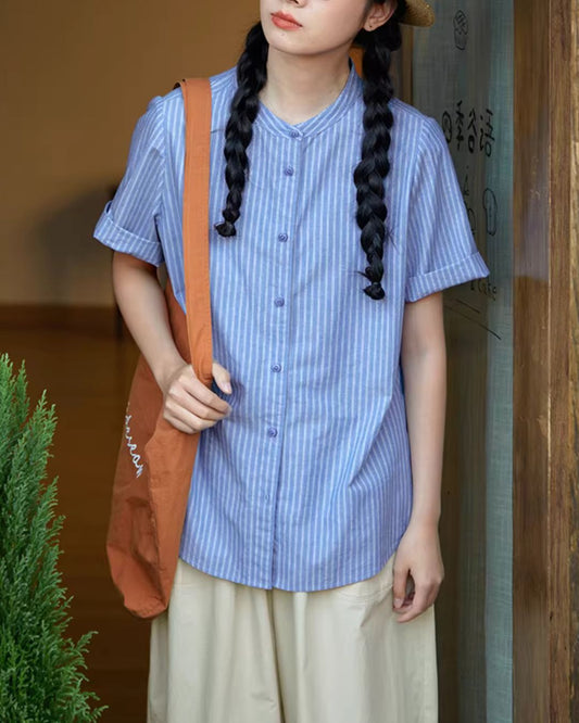 Linen-cotton Band Collar Striped Shirt　SS004