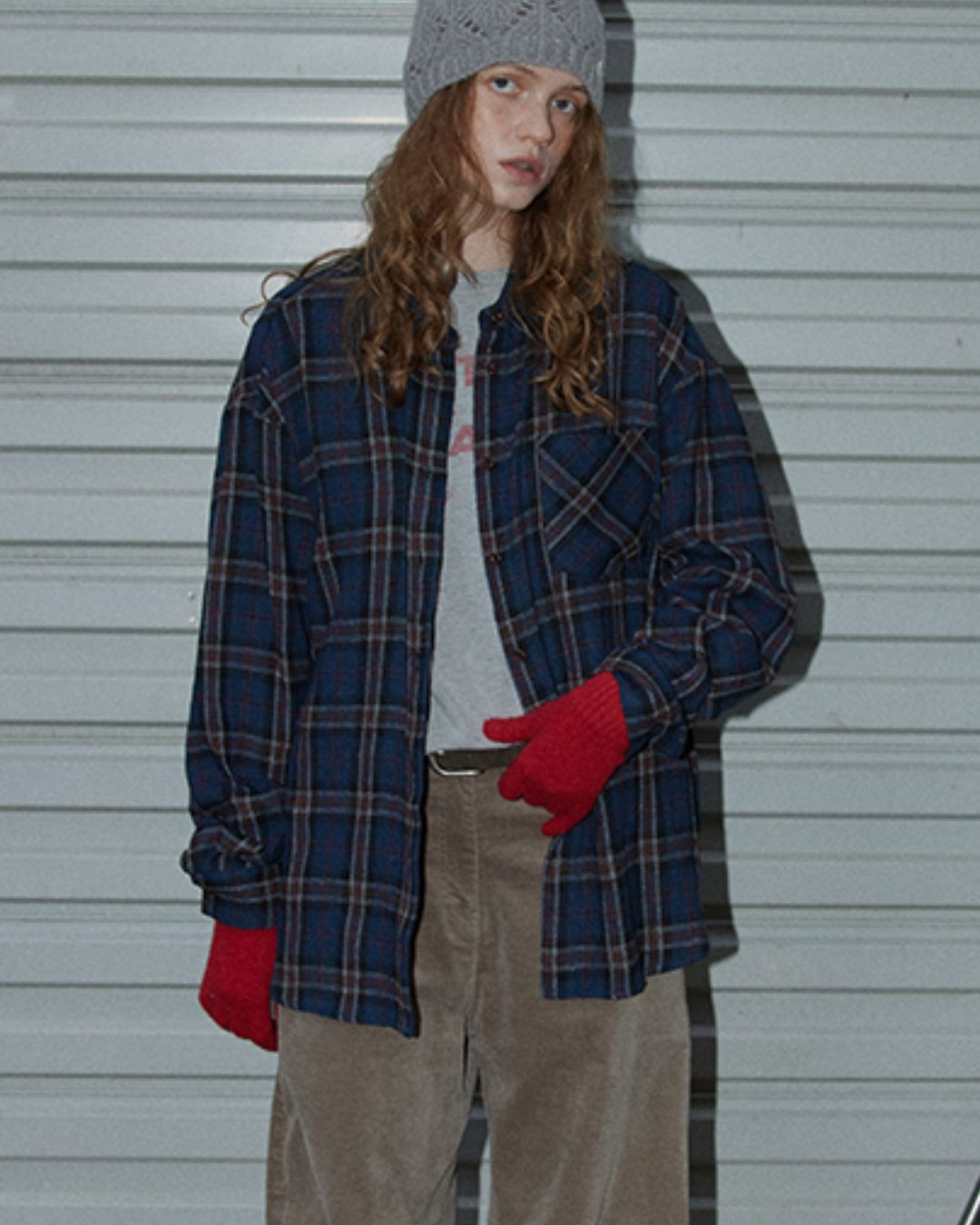 Navy Check Oversized Shirt　LS037