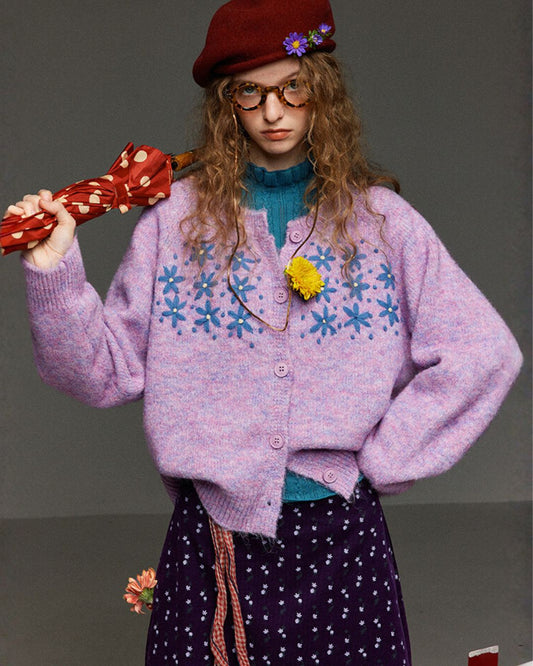 Flower Embroidered Mix Knit Cardigan　KN071