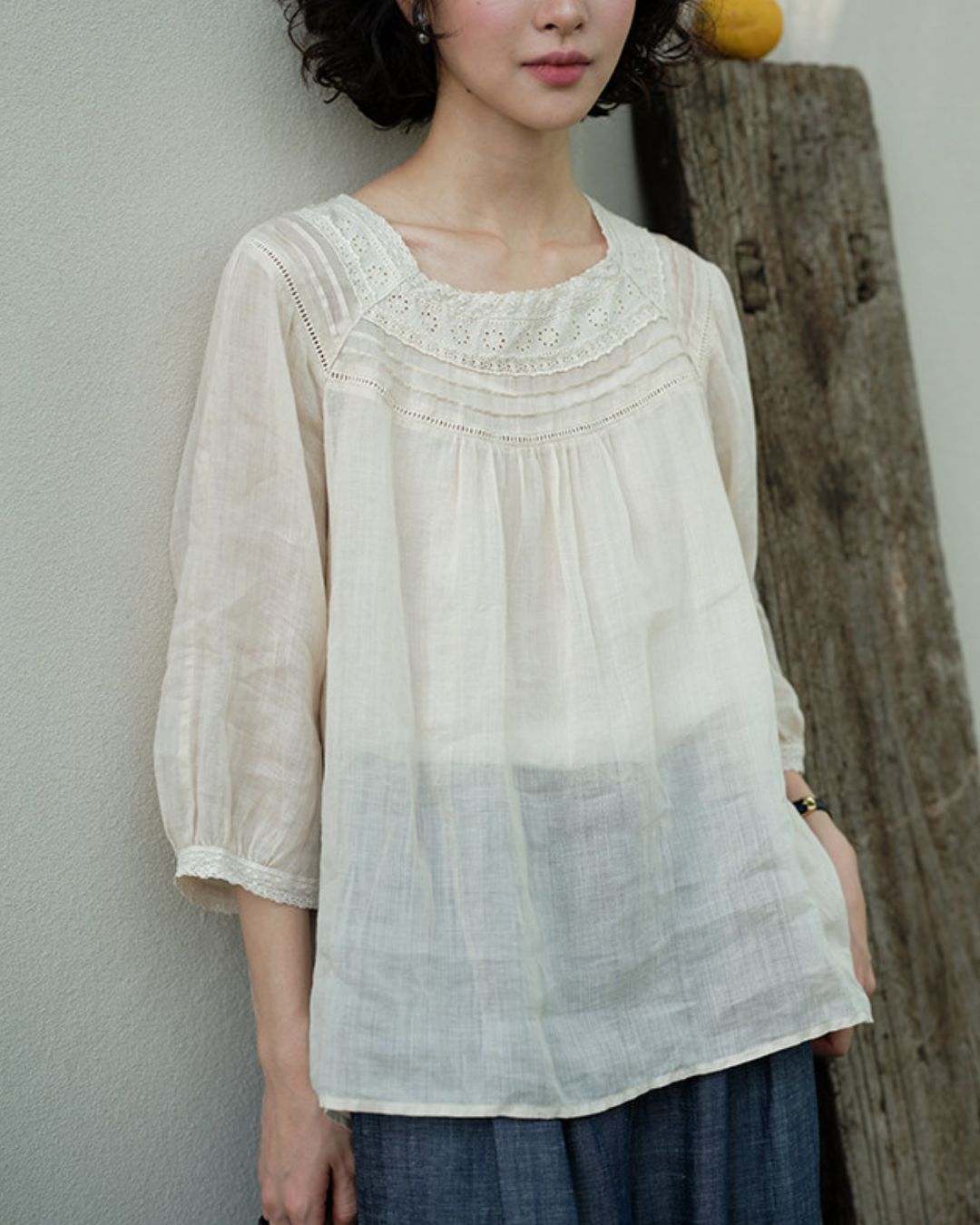 Lace Square Neck Ramie Shirt　LS062