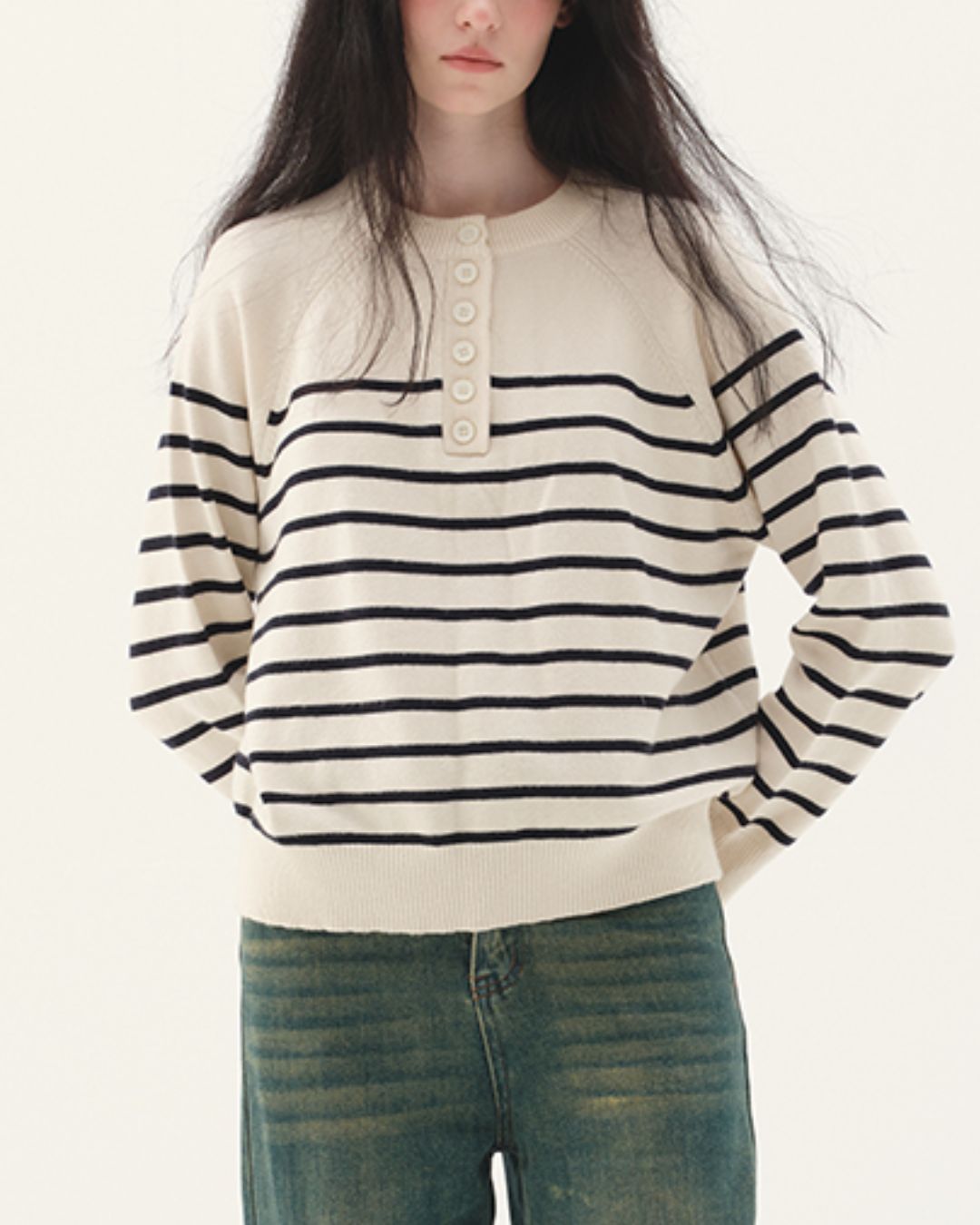 Half-button Border Sweater　KN002