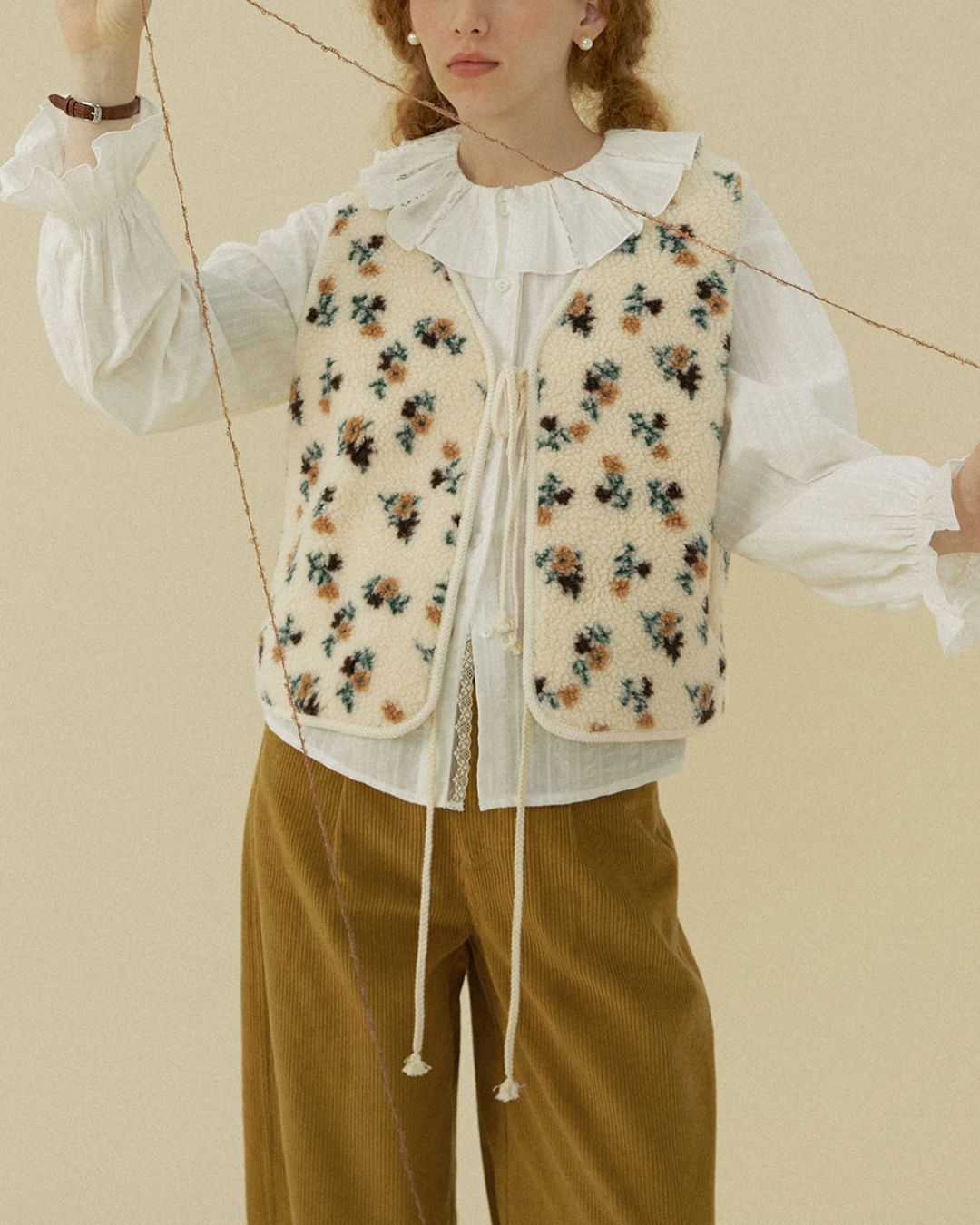 Retro Floral Front Ribbon Boa Vest　VT016