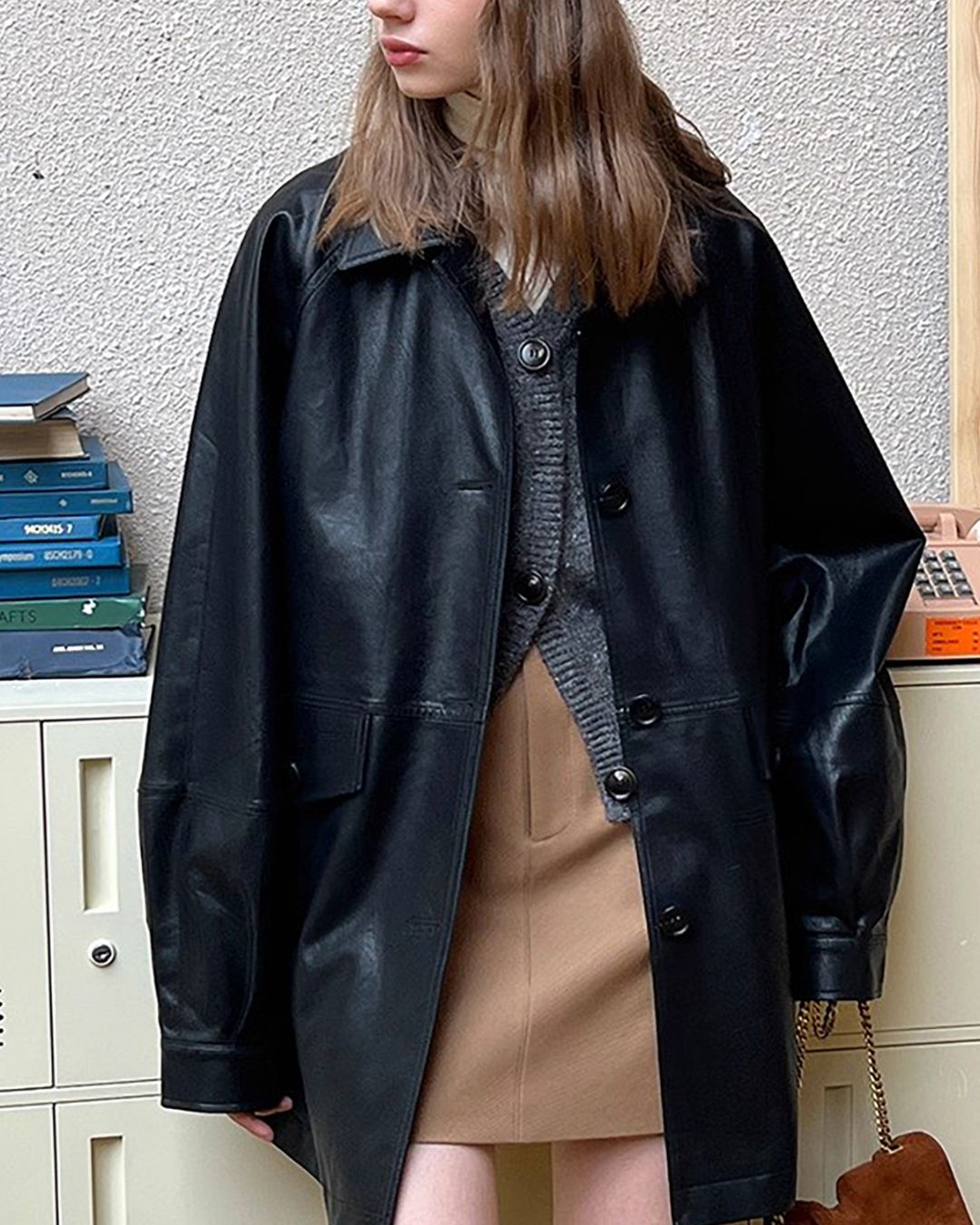 Mid-length Collared Leather Jacket　JK036