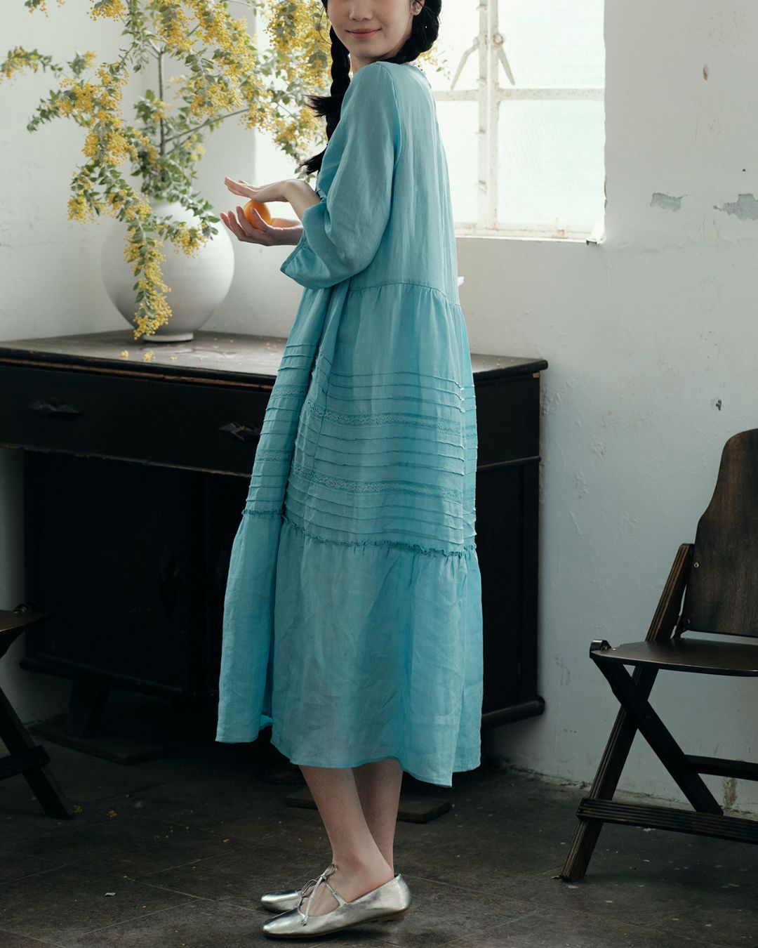 Round Neck 3/4 Sleeve Ramie Dress　OP004